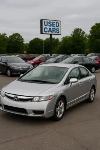 Silver Honda Civic used car under $3000 at a Los Angeles Craigslist lot, front-side angle view with other vehicles in background