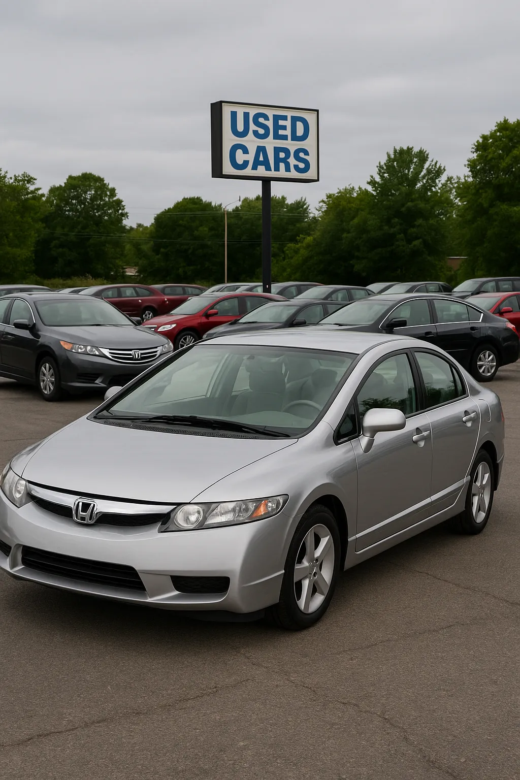 Silver Honda Civic used car under $3000 at a Los Angeles Craigslist lot, front-side angle view with other vehicles in background