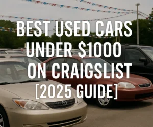 Used car lot featuring vehicles under $1000 including Toyota Camry and Honda Civic with Craigslist buying guide overlay for 2025