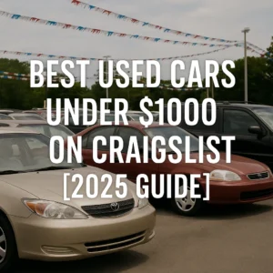 Used car lot featuring vehicles under $1000 including Toyota Camry and Honda Civic with Craigslist buying guide overlay for 2025