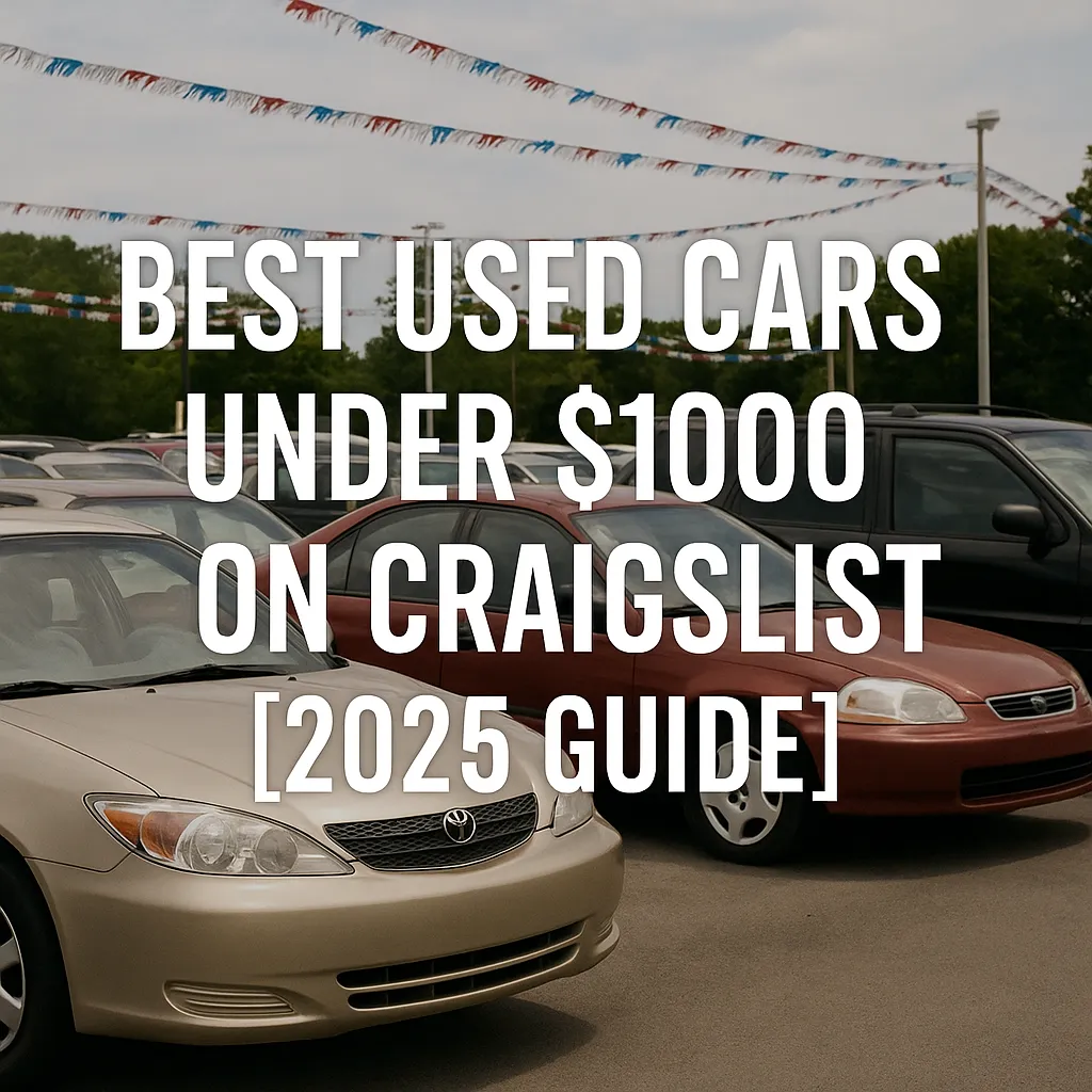 Used car lot featuring vehicles under $1000 including Toyota Camry and Honda Civic with Craigslist buying guide overlay for 2025